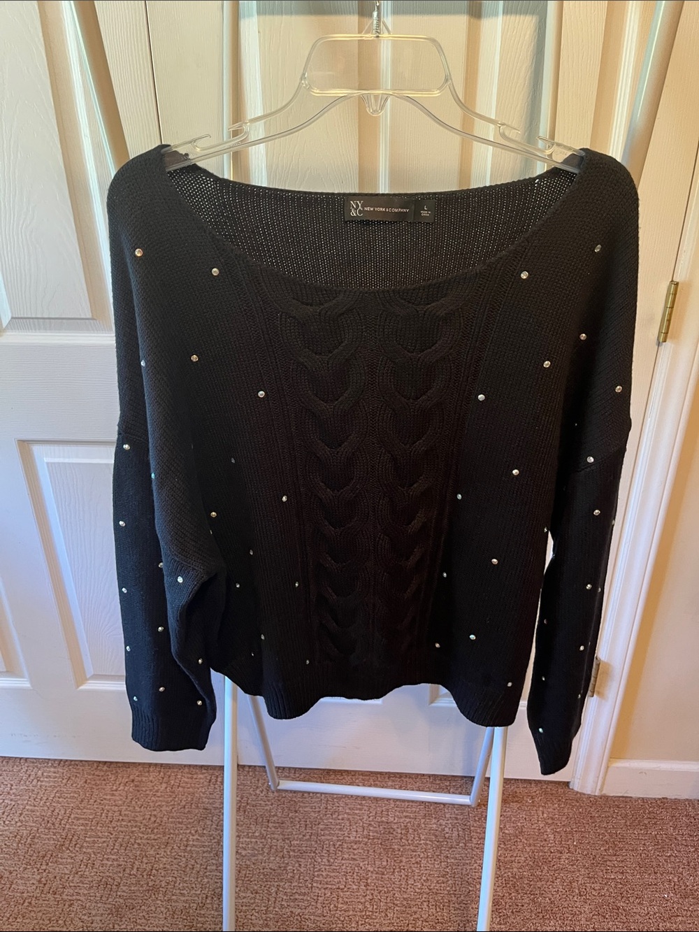 New York & Company Black Off-Shoulder Beaded Cable Knit Sweater PTP28” L 24”
